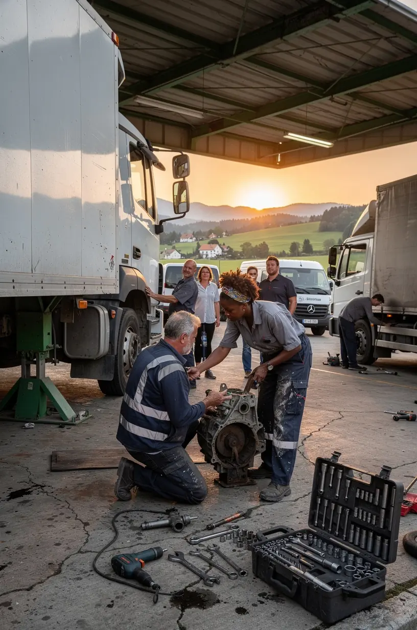Technik vykonávajúci pravidelnú kontrolu a servis komerčného vozidla v profesionálnom prostredí.
